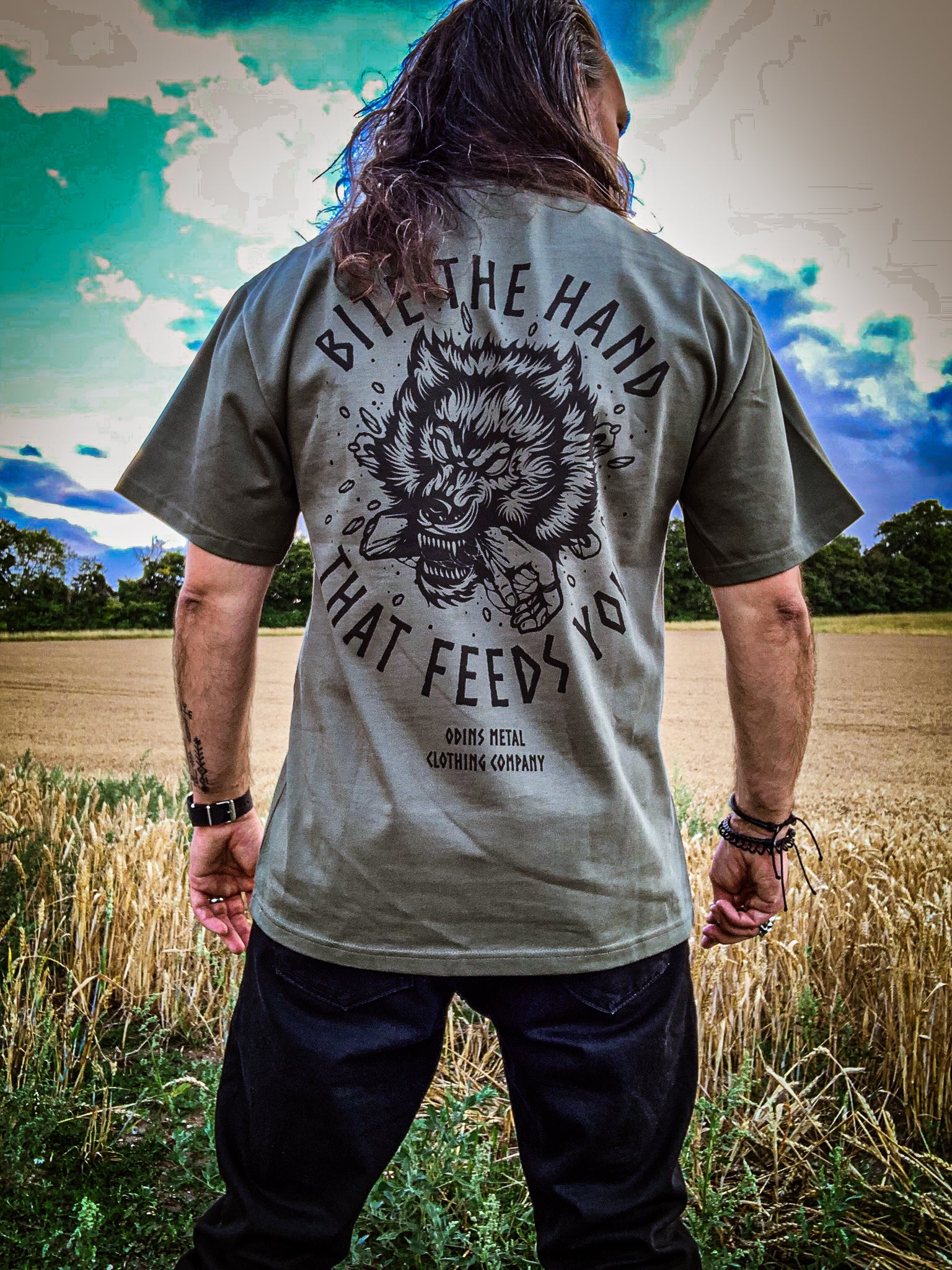 "Bite The Hand That Feeds You" Military Green T Shirt